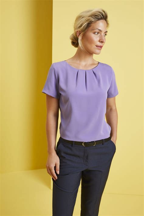 Womens Short Sleeve Pleat Neck Blouse Lilac Shop All Workwear From