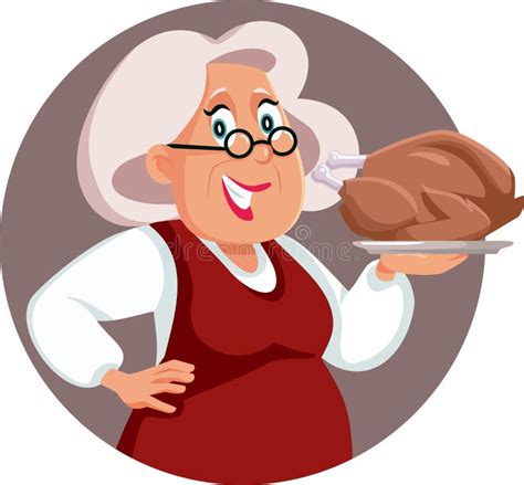 Happy Granny Holding A Festive Roasted Turkey Vector Cartoon