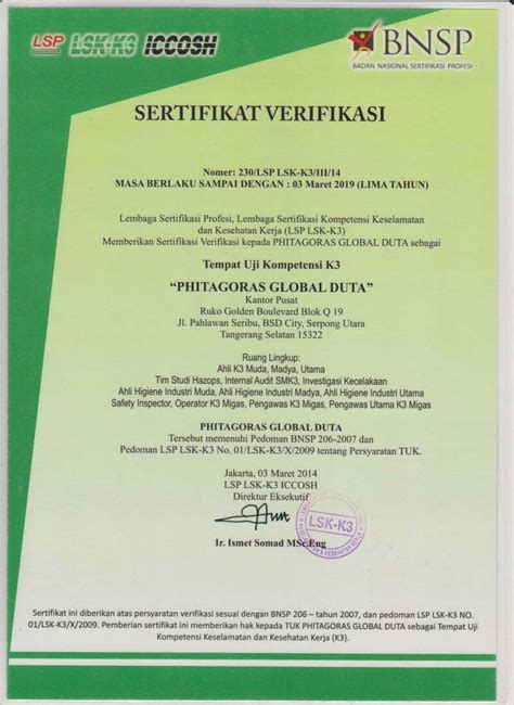 Contoh Sertifikat Ahli K3 Muda Bnsp Gawe Cv