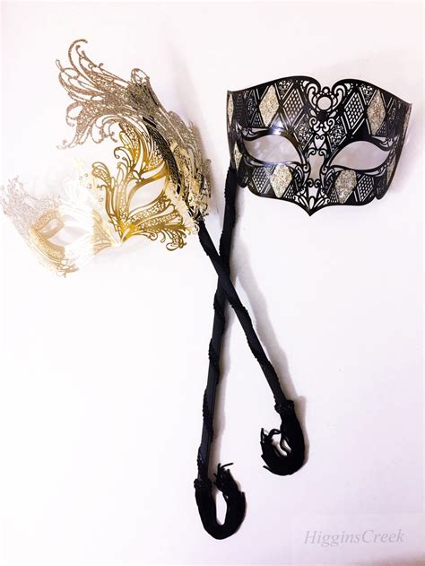 His And Hers Elegant Hand Held Masquerade Masks Gold And Black Etsy