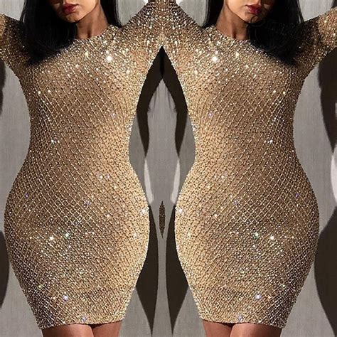 New Sexy Women S Bodycon Sequins Gliter Long Sleeve Evening Party Mini