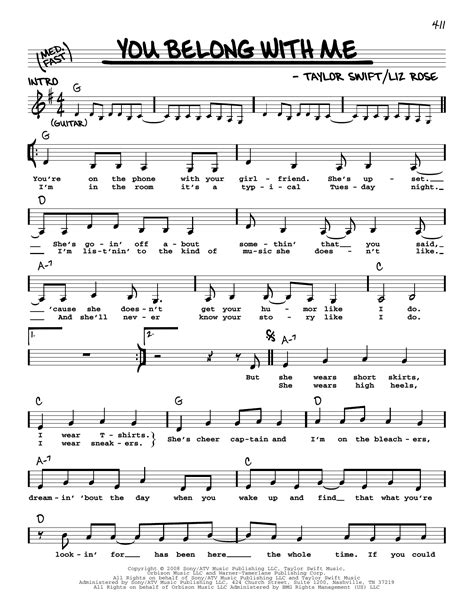 You Belong With Me Sheet Music Taylor Swift Real Book Melody