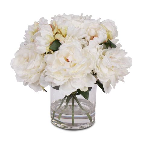 cream white silk peony arrangement with faux water in glass vase f 42 jenny silks