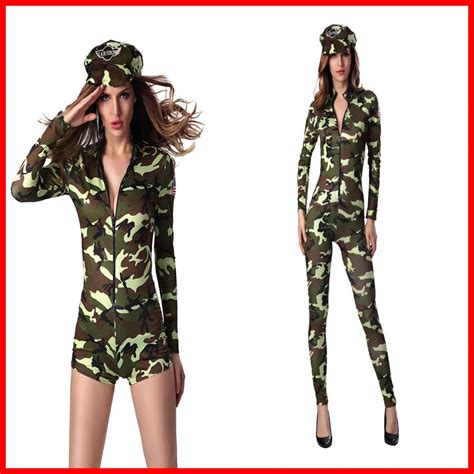 2018 Sexy Adult Women Warrior Soldier Costume Female Army Officer Camouflage Color Bodysuit Sexy