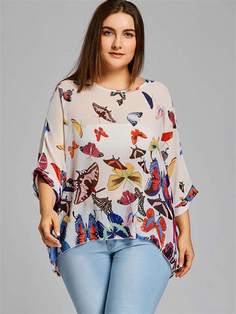 2021 Gamiss Women Butterfly Print Plus Size Chiffon Blouse Casual Batwing Sleeve Long Blouses ...