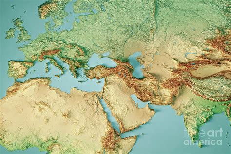 Europe India Middle East 3d Render Topographic Map Color Digital Art By