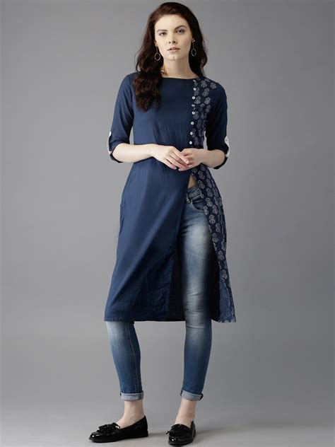 Top summer fabulous long open gown kurties. Moda Rapido Navy Blue Cotton Printed Kurta | Long kurti ...
