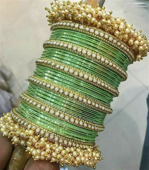 Bollywood Indian Bridal Wedding Gold Plated Pearl Green Bangles Chudi