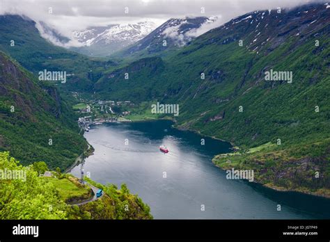 Scenic View To Village At End Of Geirangerfjorden Fjord From High