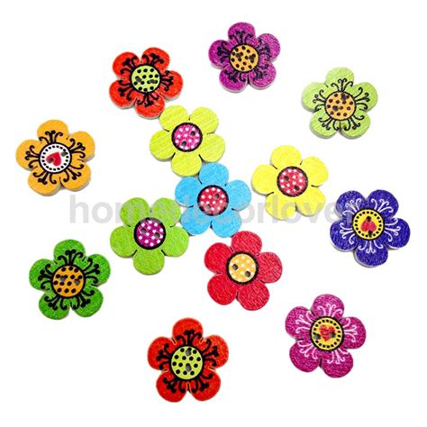 Pack Of 100 Assorted Flower Shape Decorative Wooden Buttons For Sewing