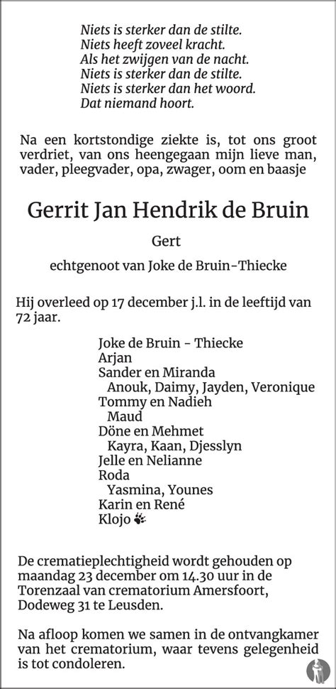 Gerrit Jan Hendrik Gert De Bruin 17 12 2019 Overlijdensbericht En