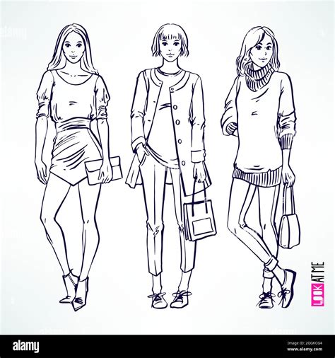 Set With Three Beautiful Fashion Modern Sketch Girl Hand Drawn Illustration Stock Vector Image
