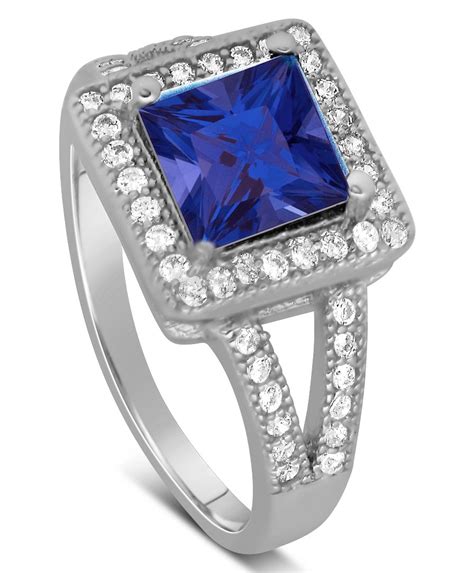 2 3/4 created white sapphire engagement ring from miabella. Designer 2 Carat Princess cut Blue Sapphire and Diamond Halo Engagement Ring in White Gold ...