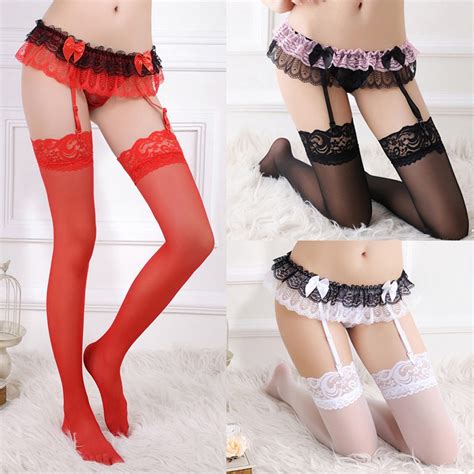Lace Emotional Sexy Garter Belt Stockings Ladies Floral Lace Bowknot Top Thigh High Thigh