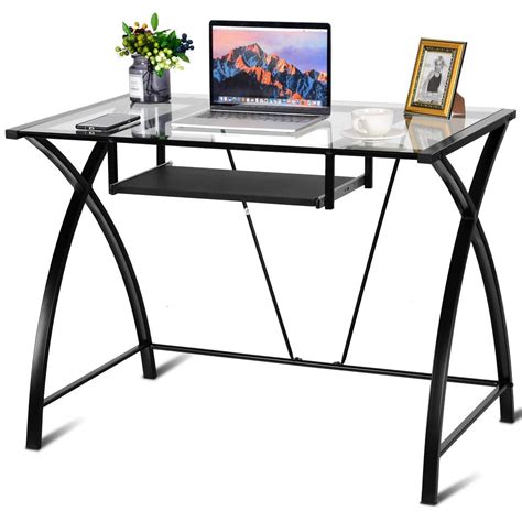 Costway gaming desk computer desk w/controller stand cup holder headphone hook costway computer desk pc laptop table w/ drawer and shelf home office furniture (203357984001). Costway: Costway Clear Glass Top Computer Desk w/ Pull-Out ...