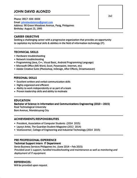 This format is best for job hunters with lots of experience and accolades. Sample resume format for fresh graduates (One-page format ...