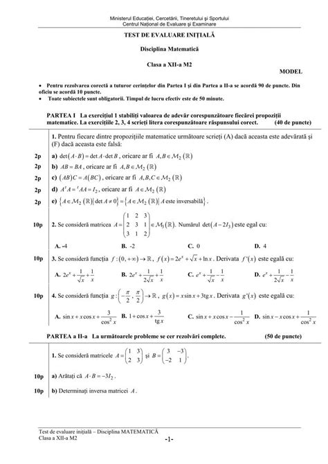 Teste Initiale Matematica Clasa A 12 A M1 Si M2 Cu Bareme An Scolar