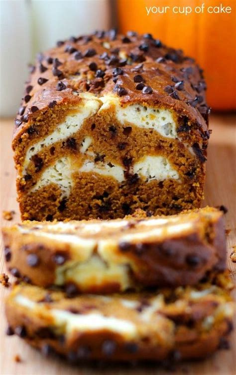 Pumpkin Bread With Chocolate Chips And A Cream Cheese Swirl Just