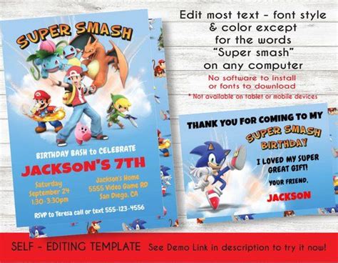 Super Smash Bros Birthday Party Invitation And Thank You Note Card