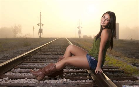 Wallpaper Women Sitting Photography Railway Smiling Jean Shorts Morning Boots Rail