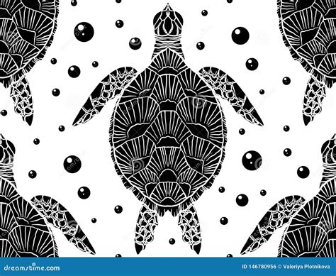 Seamless Pattern With Black And White Silhouette Of A Sea Turtle Top