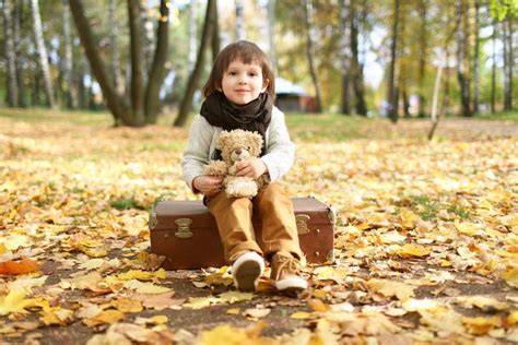 Cute Child With Toy Bear Sitting On Suitcase In The Autumn Park Stock