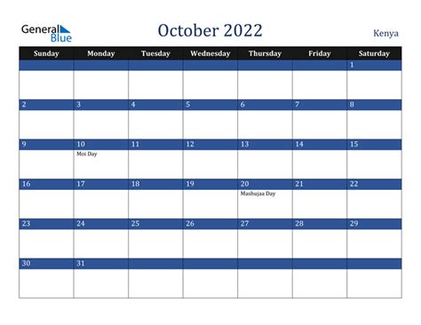 October 2022 Calendar With Kenya Holidays