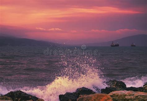 Red Sunset Over The Black Sea Mountains Purple Sky Summer Sea Scenic