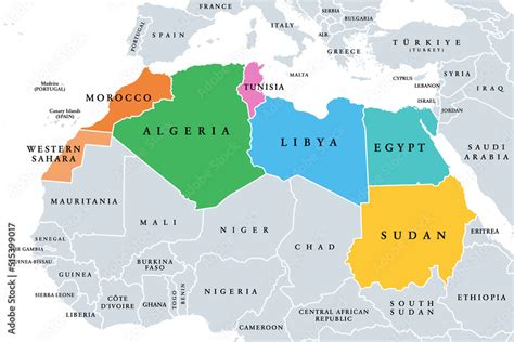 Northern Africa Subregion Political Map With Single Countries And