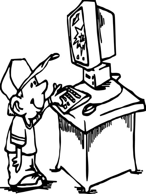 Small Boy Playing Computer Games Coloring Page