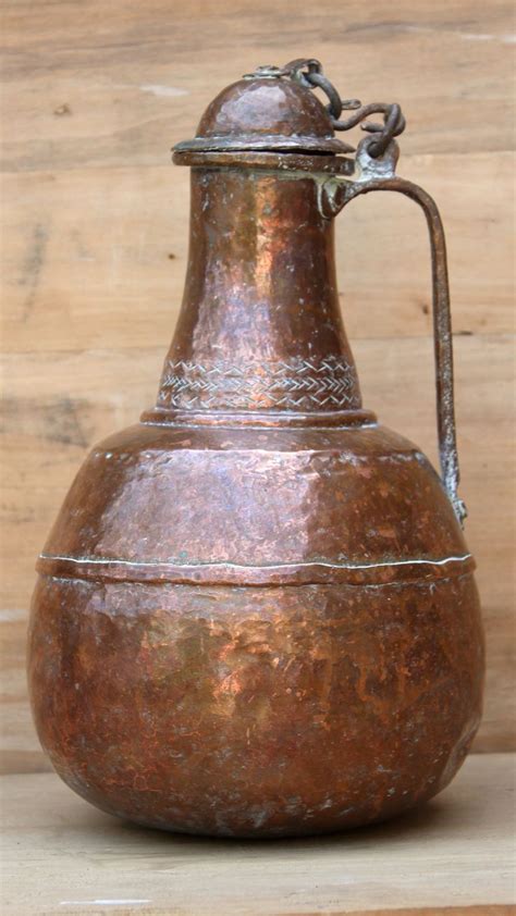 19th Century Copper Pitcher Large Handmade Hammered Copper Pitcher
