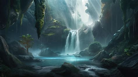 Waterfall Fantasy Backdrop Concept Art Realistic Illustration