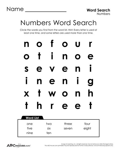 Numbers 1 10 Word Search Puzzle Planerium Printable Number Word