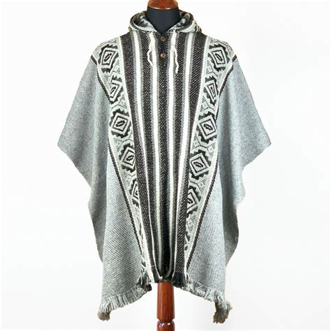 Llama Wool Unisex South American Handwoven Hooded Poncho Striped Wit