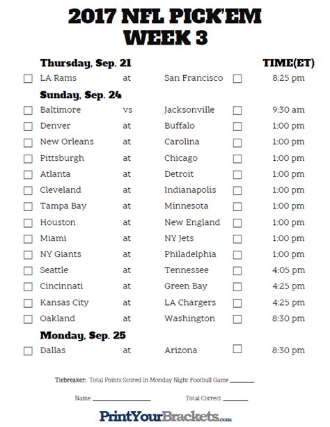 Nfl Weekly Schedules Printable