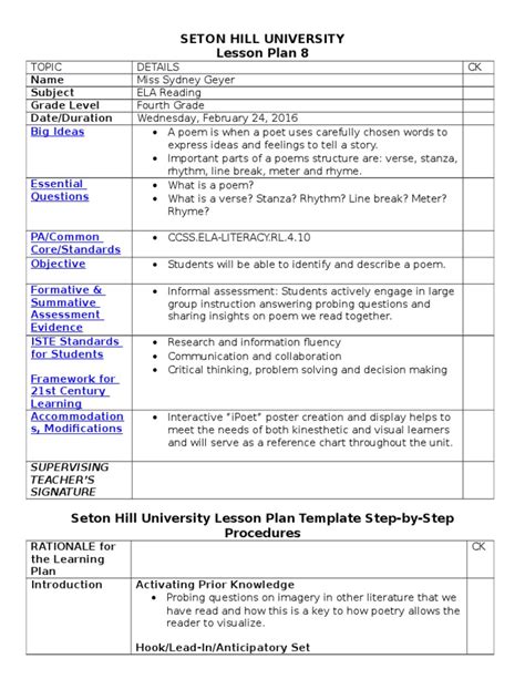 Student Teaching Placement 1 Lesson Plan 8 Poetry Lesson Plan
