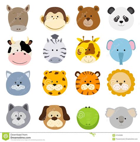 Set Of Cartoon Animals Faces Vector Collection Of Cute