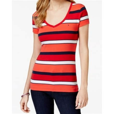 tommy hilfiger tommy hilfiger new red womens size medium m striped v neck tee t shirt