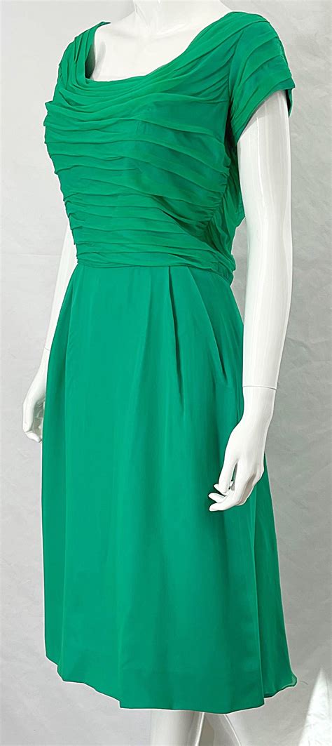 1950s Kelly Green Demi Couture Silk Chiffon Vintage Short Sleeve 50s