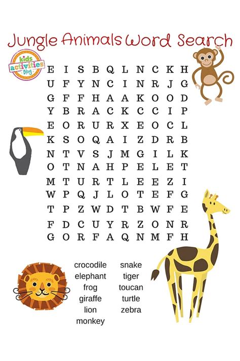 Jungle Animals Word Search Printable