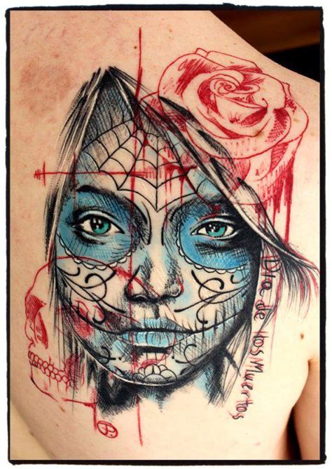 This tattoo includes a skull with jewelry and colorful makeup on it outlined in black ink. 33 Crazily Gorgeous Sugar Skull Tattoos -DesignBump