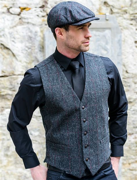 Irish Tweed Herringbone Waistcoat Charcoal And Red Mucros Weavers