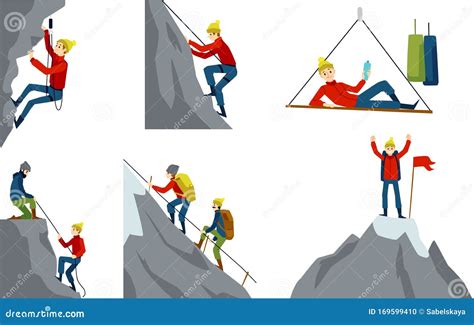 Set With Climber Or Alpinist Character Flat Cartoon Vector Illustration
