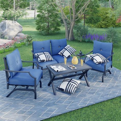 Top Home Space 4 Piece Patio Conversation Set With Blue Cushions At