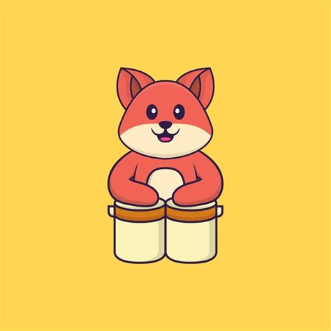 Premium Vector Cute Fox Is Playing Drums Animal Cartoon Concept