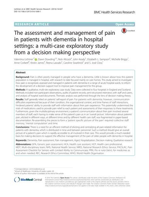 Pdf The Assessment And Management Of Pain In Patients With Dementia In Hospital Settings A