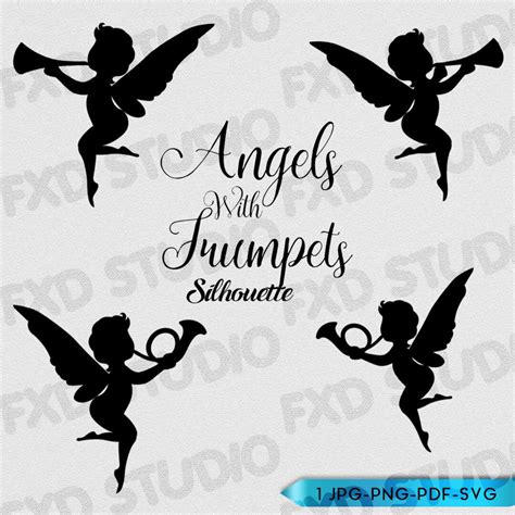 Angels With Trumpets Silhouettes Images Digital Clip Art Black
