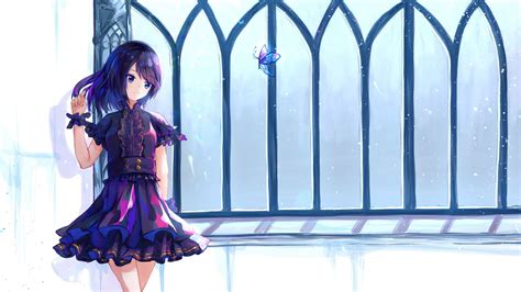 Beautiful Anime Girl Purple Dress Buttefly Fence Glass 4k Hd