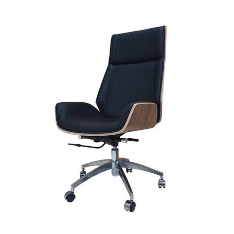 Designer High Back Office Chair Walnut Wood Black Leather Charles Eames