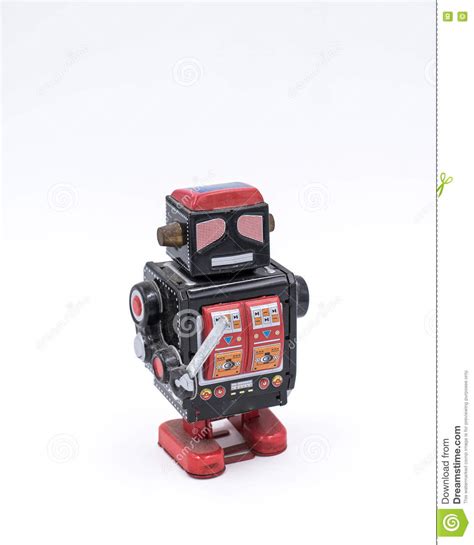 Vintage Black Robot Toy With A Sword On A White Background Stock Photo